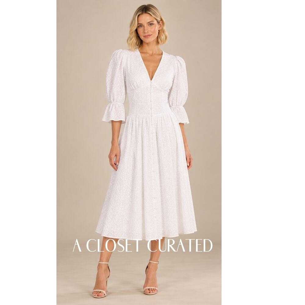 Rebecca Taylor Leaf Embossed Midi Dress XS White NEW
